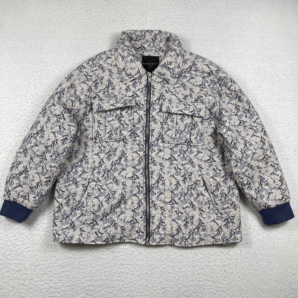 Bagatelle Quilted Floral Jacket Womens XL Blue White Cotton Full Zip Boho Casual
